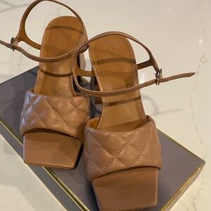 Open Edit Quilted Women's Sandals, 3” block heel, Tan color, size 5.5